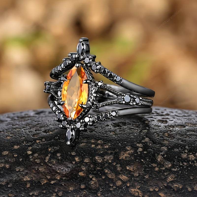 Luxury Marquis Shaped Zirconia Black Band Gothic Ring Set (4pcs) - Le Joyau Store - black,elegant,engagement,vintage,zirconia - 6