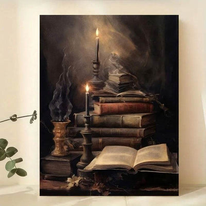Vintage Candlelit Book Tower Antique Gothic Reading Framed Back Canvas Art Print - Le Joyau Store - gothic,readers,reading,wood - 8x10in (20x25cm) Quality Framed
