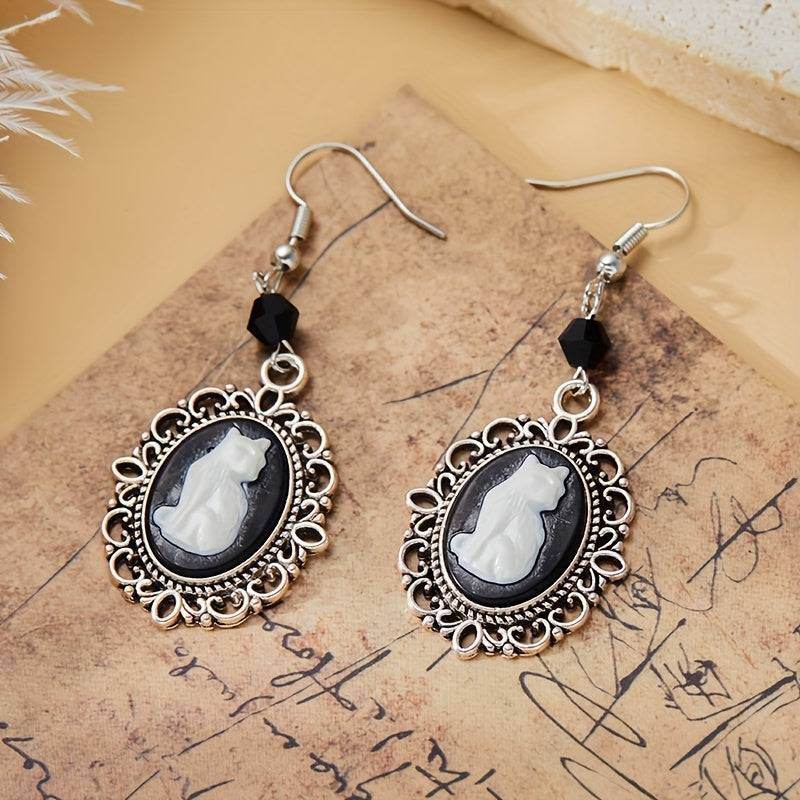 Gothic Black & White Cat Vintage Filigree Cameo Women's Dangle Earrings - Le Joyau Store - beaded,black,vintage - 