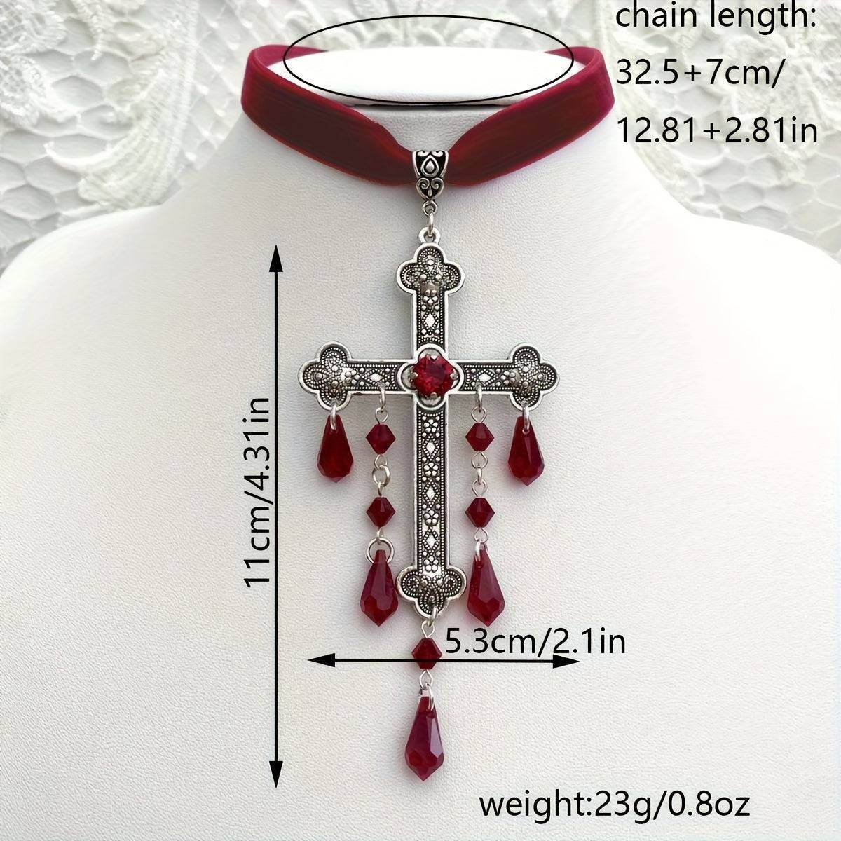 Vintage Gothic Vampire Ornate Engraved Silver & Velvet Cross Choker Necklace with Red Dripping Gems - Le Joyau Store - cross,gems,gothic,vintage,zircon - 