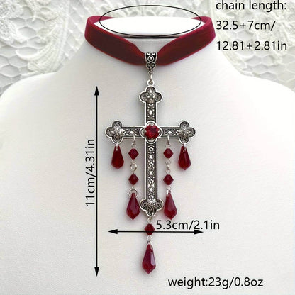 Vintage Gothic Vampire Ornate Engraved Silver & Velvet Cross Choker Necklace with Red Dripping Gems - Le Joyau Store - cross,gems,gothic,vintage,zircon - 