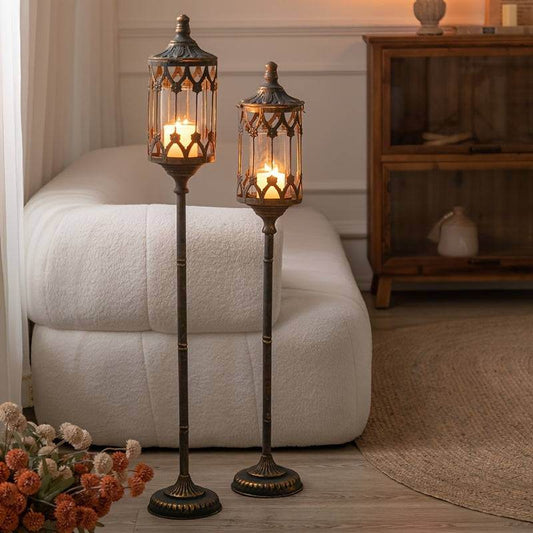 Elegant Vintage Antique Bronze Metal Floral Glass Lamppost Candle Holders (Set of 2) - Le Joyau Store - elegant,festive,glass,metal,wedding - 