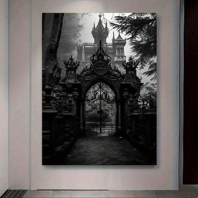 Gothic Castle Gate Victorian Black & White Wooden Canvas Art Print - Le Joyau Store - Canvas Art,Gift,Gothic,Home,Wood Frame - Framed 08×12inch/20.32×30.48cm-1 pc