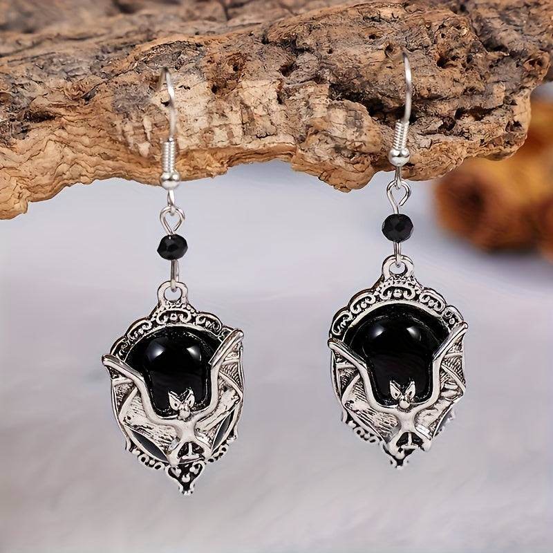 Vintage Gothic Bat Earrings – Victorian Black Stone & Silver Dangle Cameo Earrings - Le Joyau Store - Drop,Gothic,Halloween,Silvery,Vintage - Bat