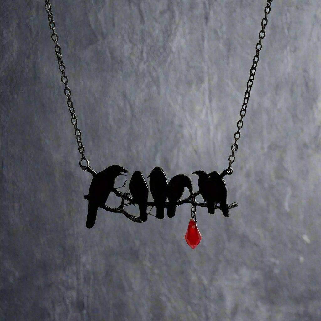 Gothic Black Raven's & Tree Branch Silhouette Pendant Necklace with Red Drop Gemstone - Le Joyau Store - Black,Copper,Gothic,Raven,Unisex - 
