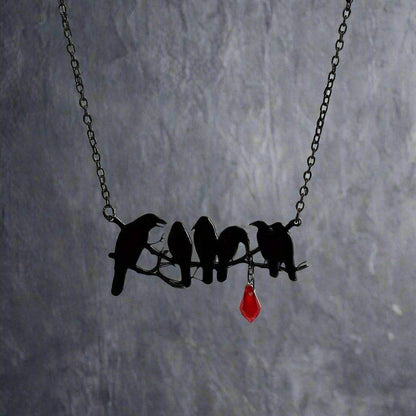 Gothic Black Raven's & Tree Branch Silhouette Pendant Necklace with Red Drop Gemstone - Le Joyau Store - Black,Copper,Gothic,Raven,Unisex - 