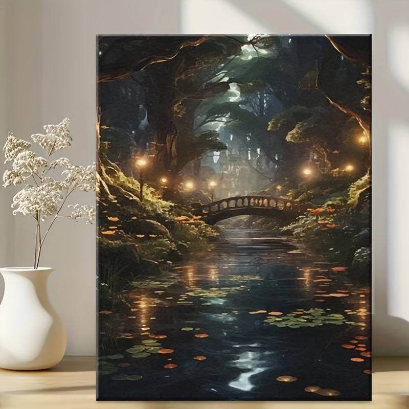 Mystical Enchanted Fantasy Forest Night Lake Bridge Wooden Canvas Art Print - Le Joyau Store - Cottage,Enchanted,Fantasy,Landscape,Wooden - 08×12×0.75inch-Framed