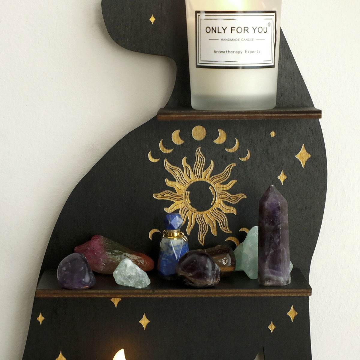 Gothic Black Cat Crystal Display Shelf Wooden Celestial Wall Rack for Witches & Mystics - Le Joyau Store - Crystal,Gothic,Home,Wall,Wooden - 29.3x14.1cm / Type A