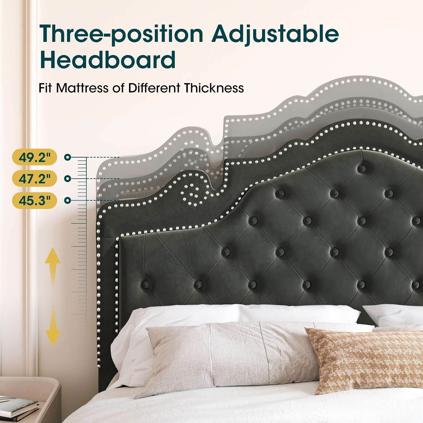 Luxury Black Velvet Upholstered Diamond Buttoned Tufted Tiara Headboard Bedframe - Le Joyau Store - Black,King,Queen,Tufted,Velvet - Full / Black