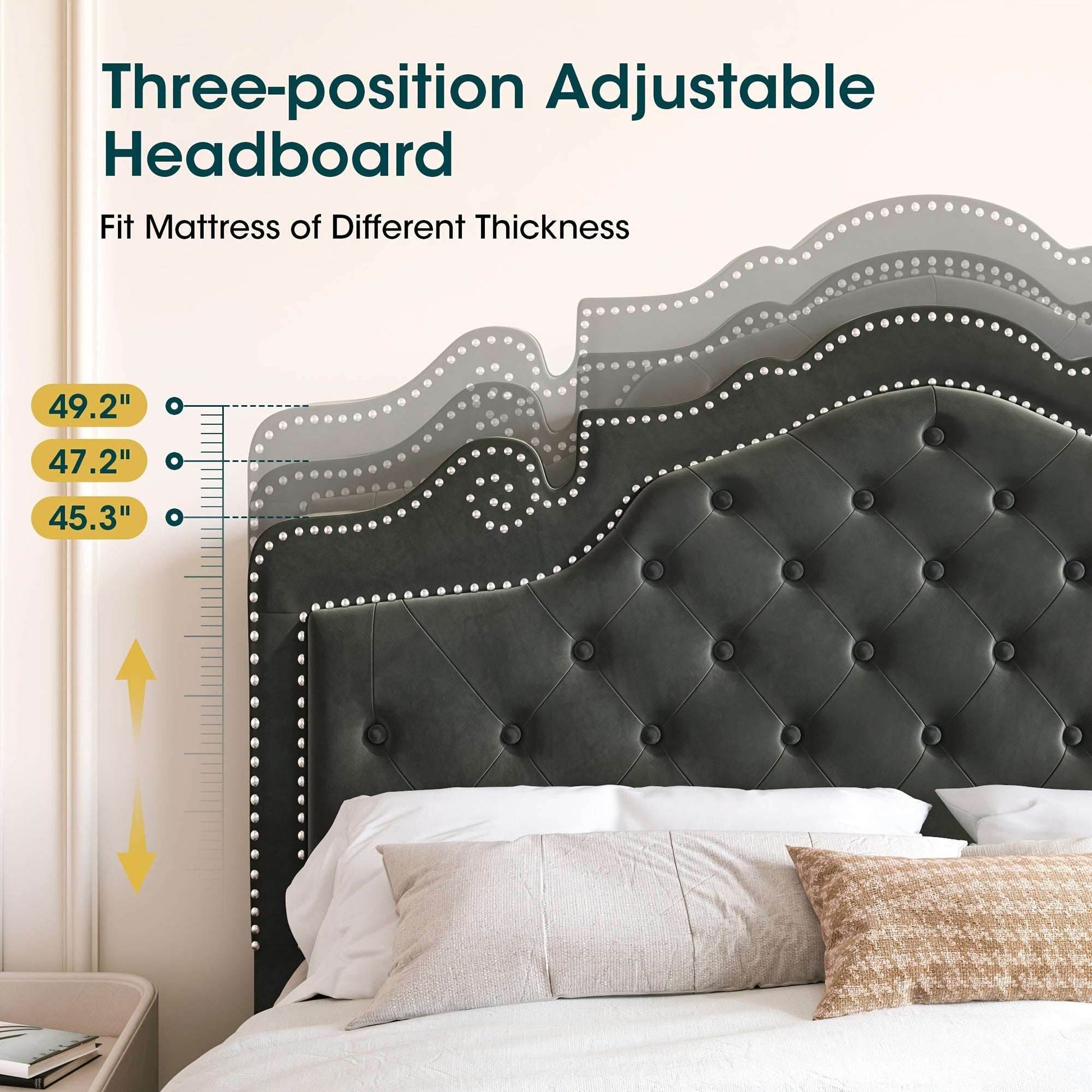 Luxury Black Velvet Upholstered Diamond Buttoned Tufted Tiara Headboard Bedframe - Le Joyau Store - Black,King,Queen,Tufted,Velvet - Full / Black