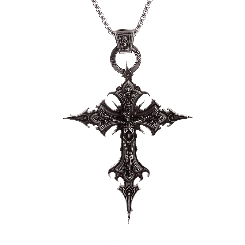 Baroque Gothic Skeleton Cross Ornate Antique Silver Pendant Necklace - Le Joyau Store - Gift,Punk,Silver,Skull,Vintage - 
