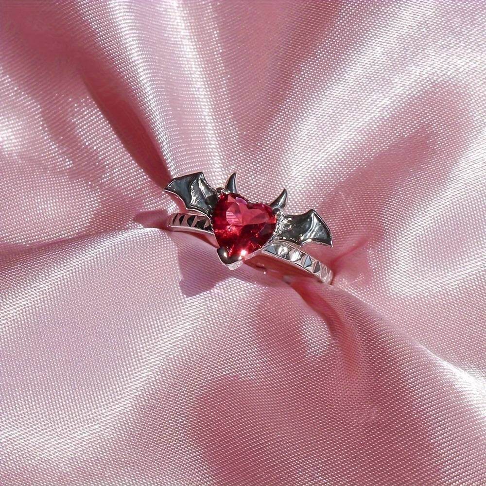 Vampire Bat Gothic Silver Women's Ring with Red Zirconia Heart - Le Joyau Store - Adjustable,Alloy,Gothic,Punk,Zirconia - 