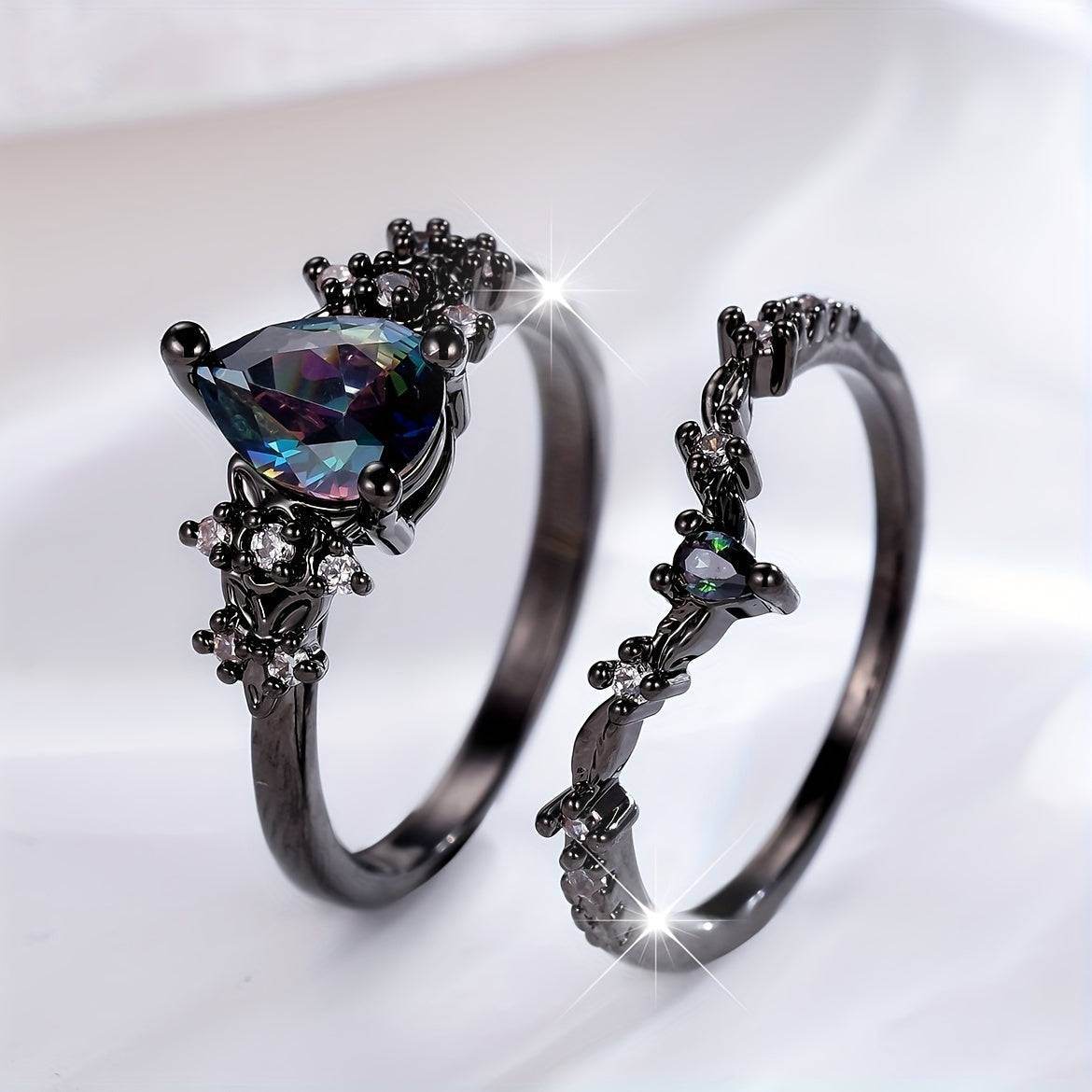 Luxury Black & Multicolored Gothic Two-Piece Oval Women's Ring Set - Le Joyau Store - Black Ring,Gothic,Luxury,Two-Piece,Zircon - 6 / Black