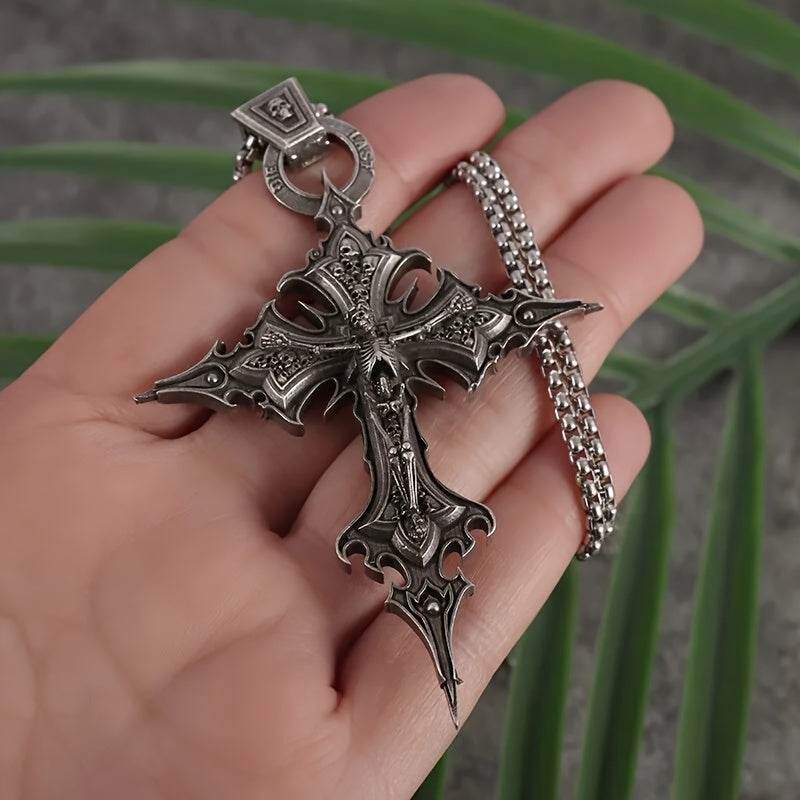 Baroque Gothic Skeleton Cross Ornate Antique Silver Pendant Necklace - Le Joyau Store - Gift,Punk,Silver,Skull,Vintage - 