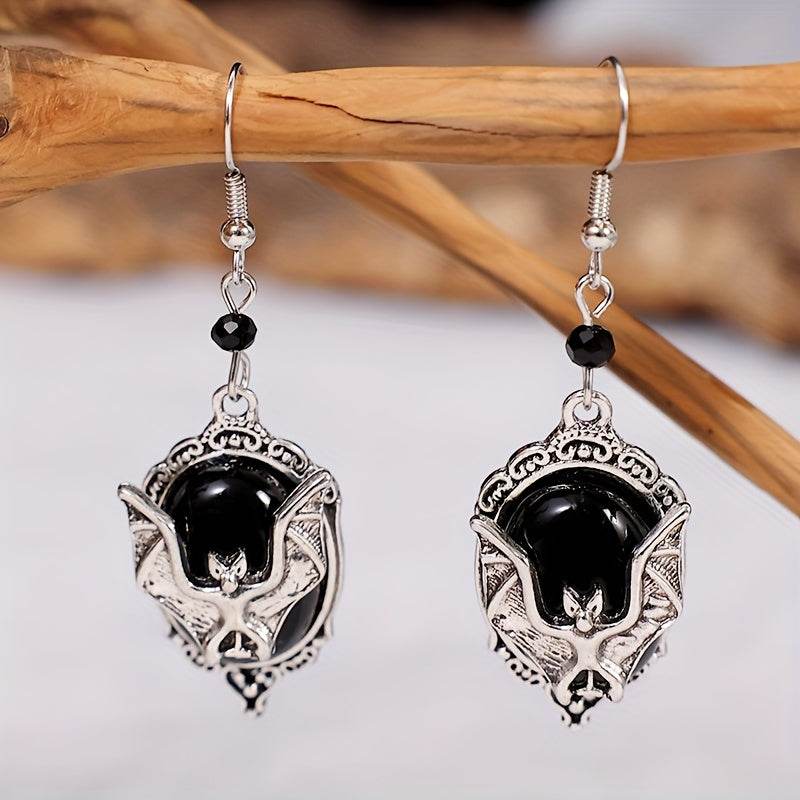 Vintage Gothic Bat Earrings – Victorian Black Stone & Silver Dangle Cameo Earrings - Le Joyau Store - Drop,Gothic,Halloween,Silvery,Vintage - Bat