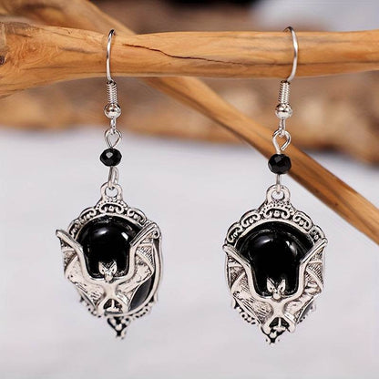 Vintage Gothic Bat Earrings – Victorian Black Stone & Silver Dangle Cameo Earrings - Le Joyau Store - Drop,Gothic,Halloween,Silvery,Vintage - Bat