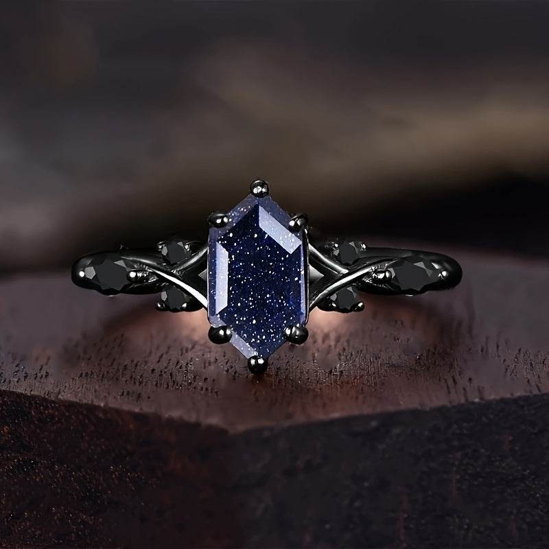 Night Sky Gothic Midnight Blue & Silver Hexagonal Cubic Zirconia Women's Ring - Le Joyau Store - Black Band,Blue Gem,Cubic Zirconia,Elegant - 6