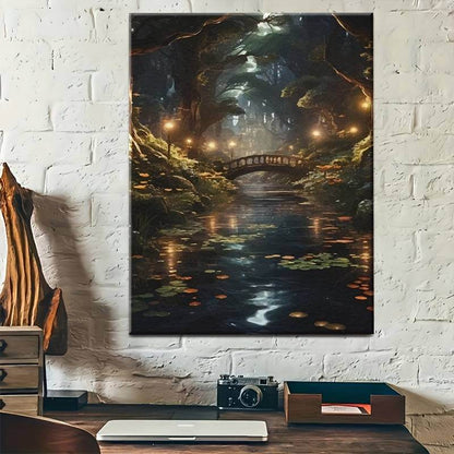 Mystical Enchanted Fantasy Forest Night Lake Bridge Wooden Canvas Art Print - Le Joyau Store - Cottage,Enchanted,Fantasy,Landscape,Wooden - 08×12×0.75inch-Framed