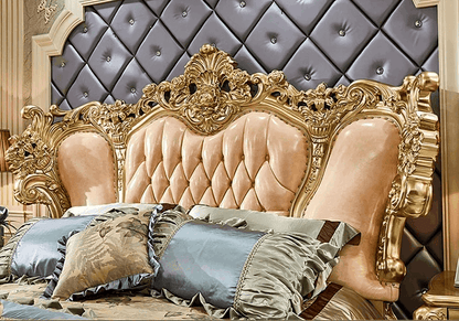 Royal European King Size Light Pink Leather Bed with Gold Engraved Gilded Filigree Headboard - Le Joyau Store - Headboard,Leather,Luxury,Queen,Trendy - 1.8x2m King Bed