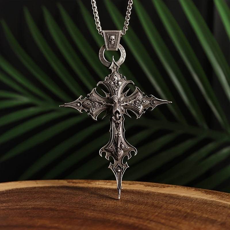Baroque Gothic Skeleton Cross Ornate Antique Silver Pendant Necklace - Le Joyau Store - Gift,Punk,Silver,Skull,Vintage - 