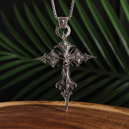 Baroque Gothic Skeleton Cross Ornate Antique Silver Pendant Necklace - Le Joyau Store - Gift,Punk,Silver,Skull,Vintage - 