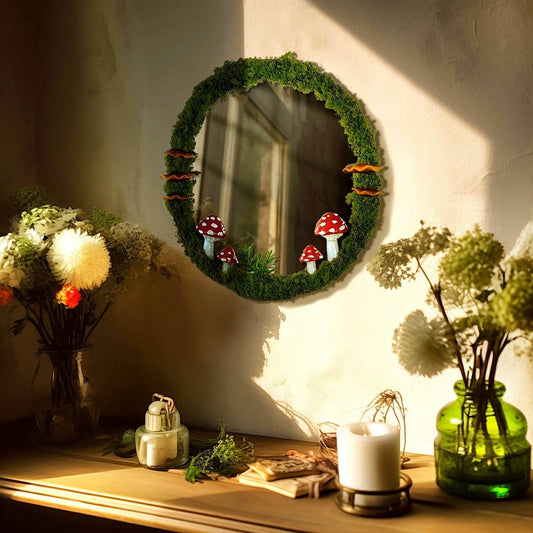 Magical Fantasy Forest Mushroom & Moss Cottagecore Round Mirror Decor - Le Joyau Store - Cottage,Green,Mushroom,Round,Vintage - 