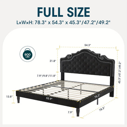Luxury Black Velvet Upholstered Diamond Buttoned Tufted Tiara Headboard Bedframe - Le Joyau Store - Black,King,Queen,Tufted,Velvet - Full / Black