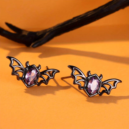 Cute Gothic Punk Hollow Bat Wings Women's Stud Earrings with Purple Gemstone - Le Joyau Store - Black,Gothic,Metal,Punk,Purple - 