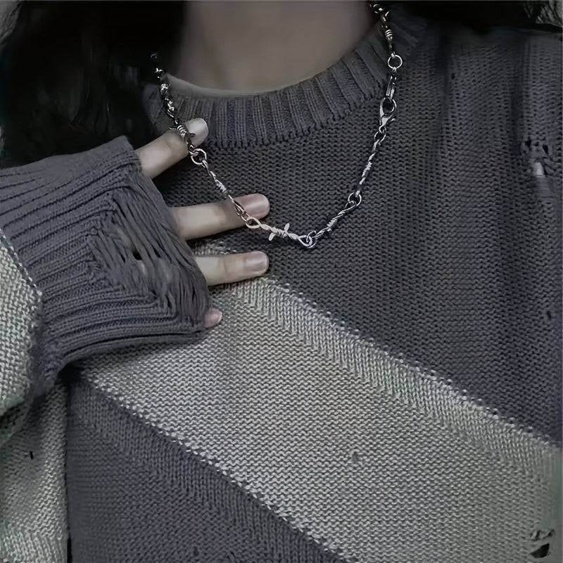 Gothic Punk Rock Twist Spiked Thorns Silver Barbed Wire Chain Necklace - Le Joyau Store - Alloy,Chain,Daily,Punk,Spiked - 