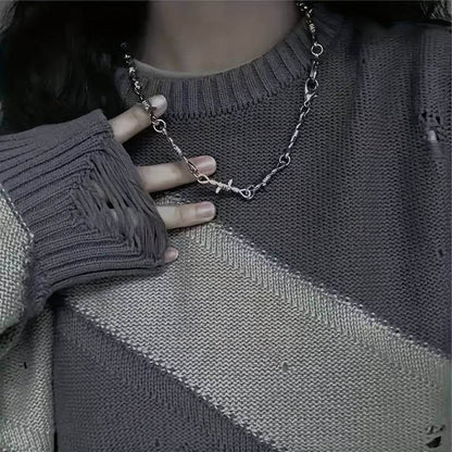Gothic Punk Rock Twist Spiked Thorns Silver Barbed Wire Chain Necklace - Le Joyau Store - Alloy,Chain,Daily,Punk,Spiked - 
