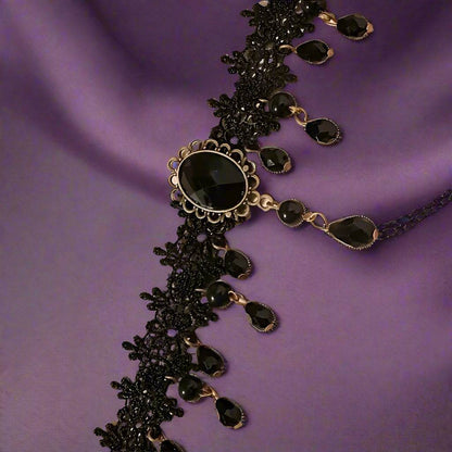 Antique Victorian Gothic Style Black Lace Choker Necklace with Black Gemstones - Le Joyau Store - Black Lace,Elegant,Gothic,Synthetic Gem,Tassel - 