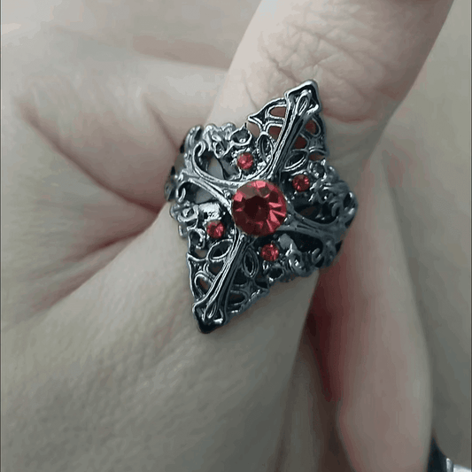 Dark Gothic Filigree Cross Adjustable Statement Ring with Red Crystal - Le Joyau Store - - Silver