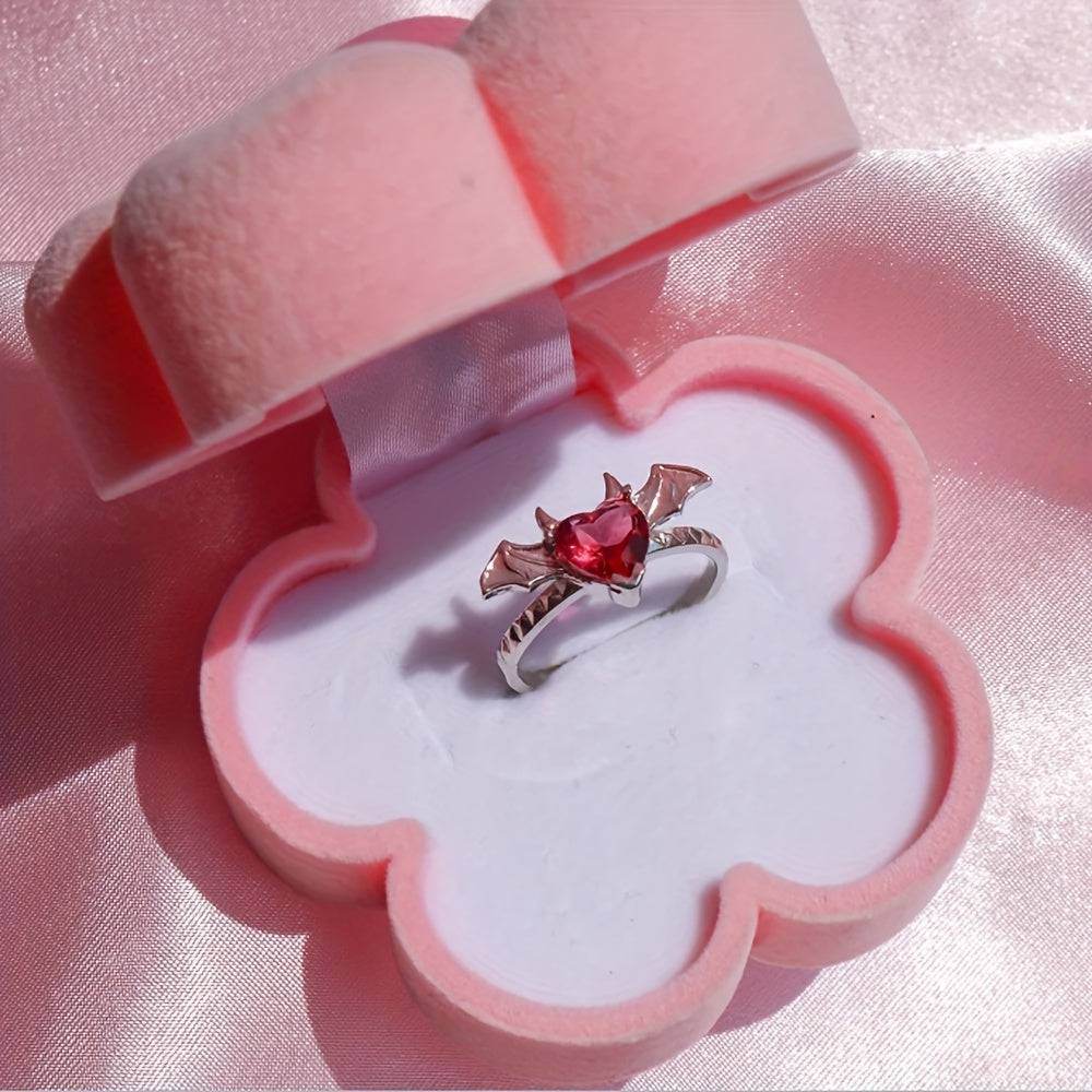 Vampire Bat Gothic Silver Women's Ring with Red Zirconia Heart - Le Joyau Store - Adjustable,Alloy,Gothic,Punk,Zirconia - 