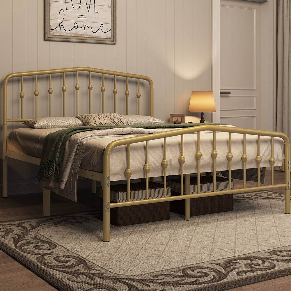 Rustic Metal Bedframe Queen/Full/Twin Size Platform Bed with Arched Crown Headboard & Footboard - Le Joyau Store - Gold,Metal,Modern,Queen,Storage - Full / Antique Gold