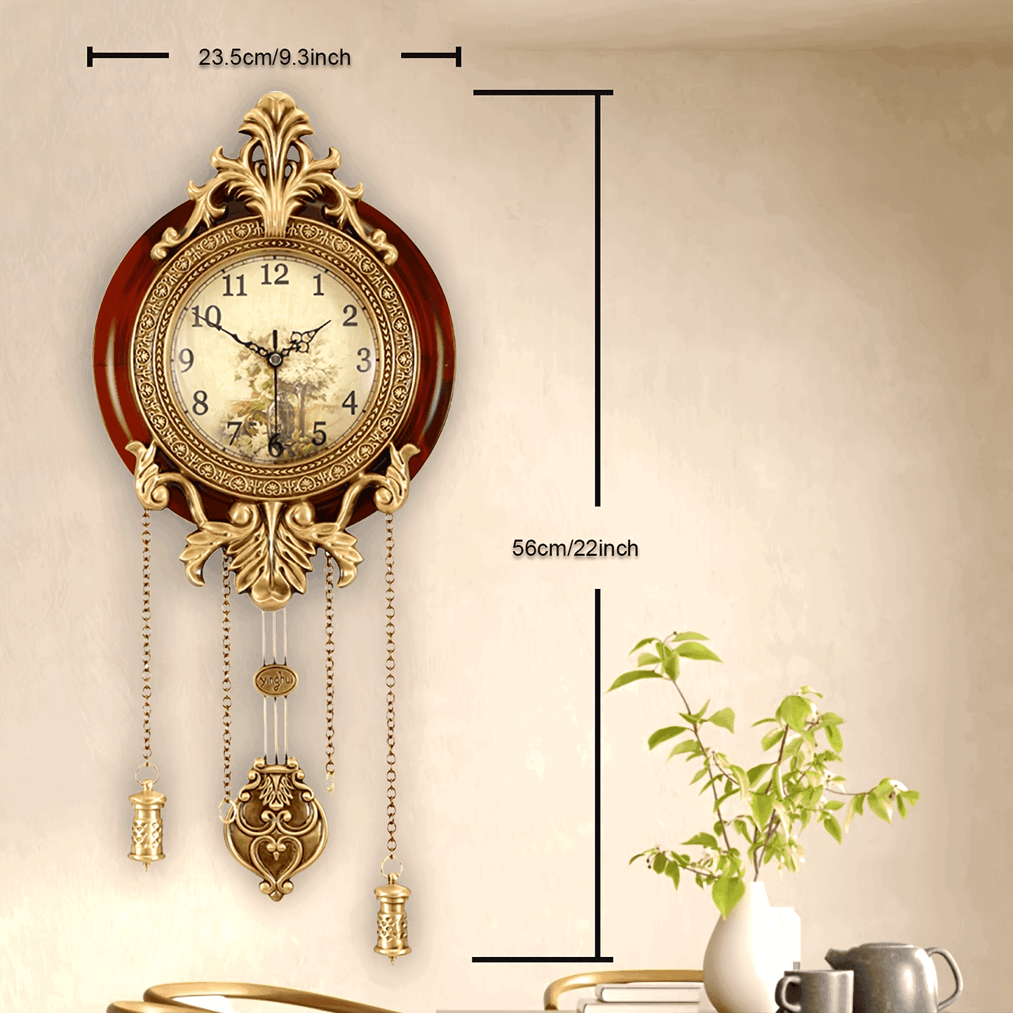 Antique Brown & Engraved Gold Vintage Baroque Wooden Wall Clock with Swinging Pendulum - Le Joyau Store - AA Battery,Retro,Round,Silent,Wooden - 