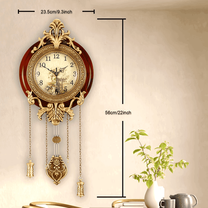 Antique Brown & Engraved Gold Vintage Baroque Wooden Wall Clock with Swinging Pendulum - Le Joyau Store - AA Battery,Retro,Round,Silent,Wooden - 