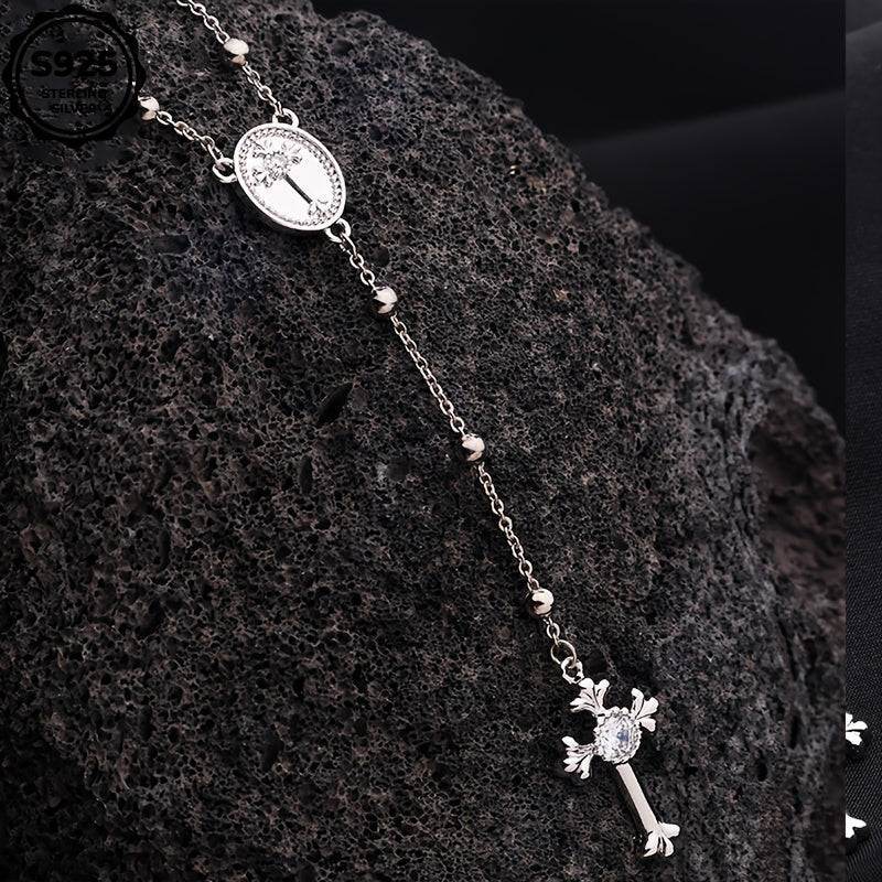 Italian 925 Sterling Silver Y-Shaped Religious Rosary Cross Necklace - Le Joyau Store - rosary,silver,zircon - Gold