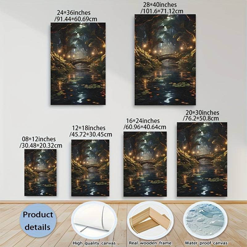 Mystical Enchanted Fantasy Forest Night Lake Bridge Wooden Canvas Art Print - Le Joyau Store - Cottage,Enchanted,Fantasy,Landscape,Wooden - 08×12×0.75inch-Framed