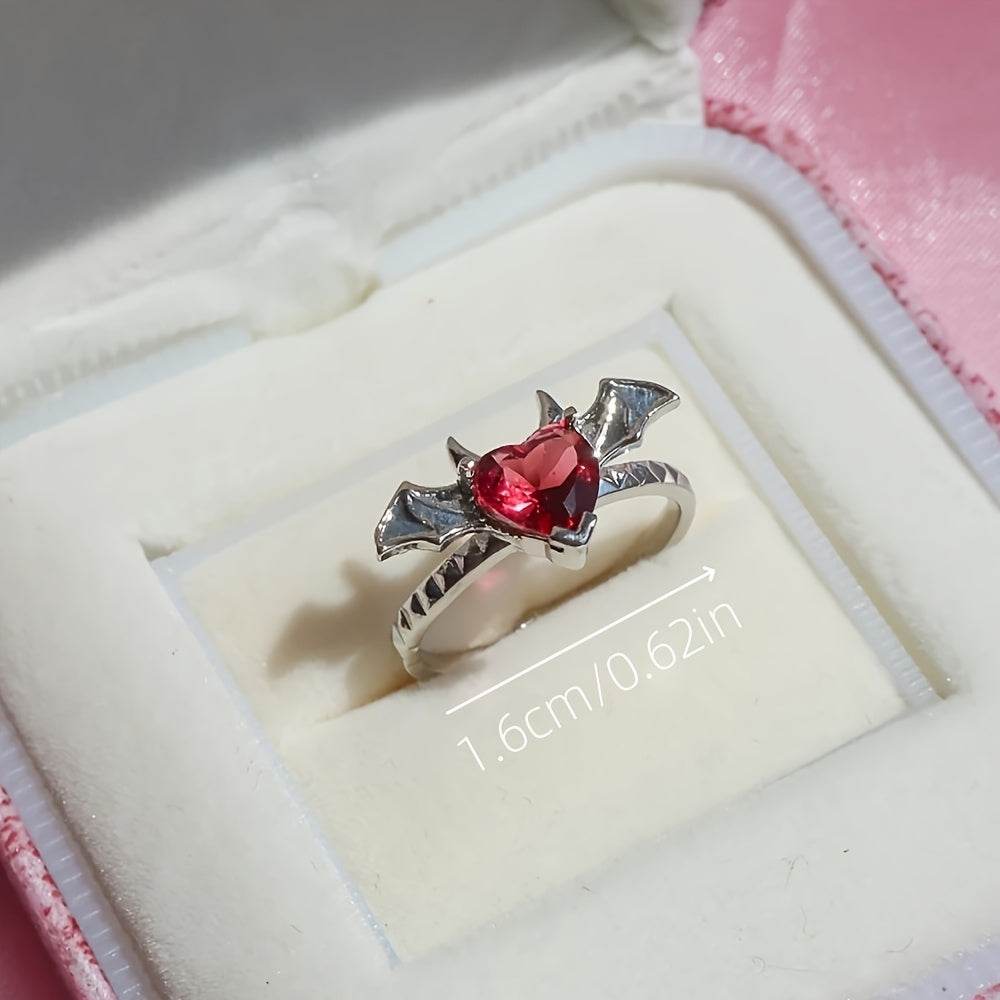 Vampire Bat Gothic Silver Women's Ring with Red Zirconia Heart - Le Joyau Store - Adjustable,Alloy,Gothic,Punk,Zirconia - 