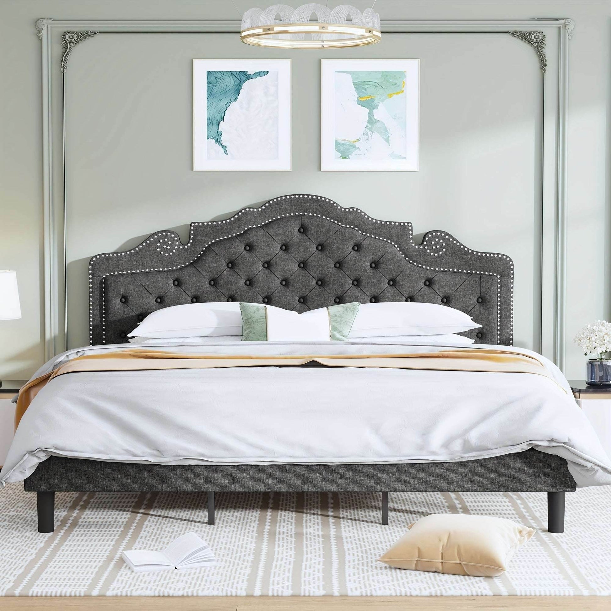Luxury Black Velvet Upholstered Diamond Buttoned Tufted Tiara Headboard Bedframe - Le Joyau Store - Black,King,Queen,Tufted,Velvet - Full / Black