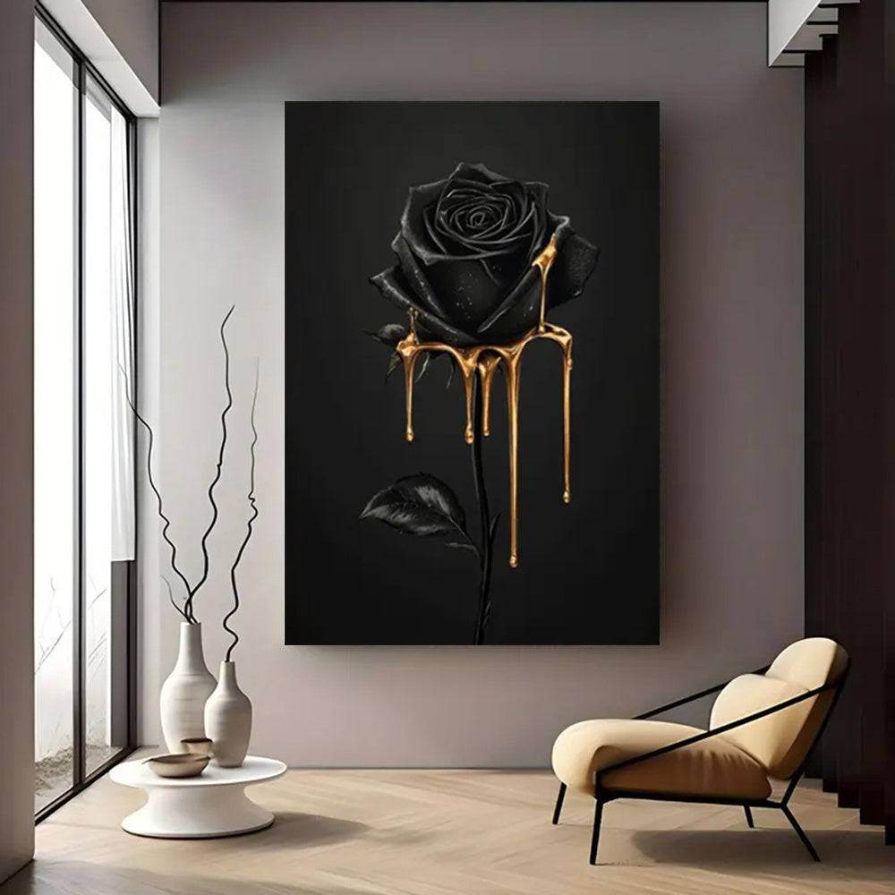 Gothic Luxury Black Rose with Golden Drip Wood Canvas Wall Art Print - Le Joyau Store - Art Deco,Black Rose,Floral,Framed,Luxury - 08x12x0.75inch
