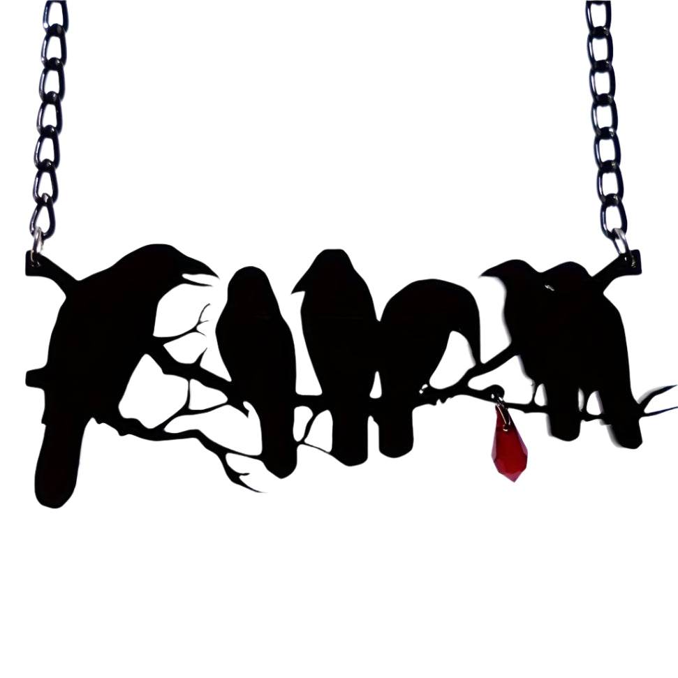 Gothic Black Raven's & Tree Branch Silhouette Pendant Necklace with Red Drop Gemstone - Le Joyau Store - Black,Copper,Gothic,Raven,Unisex - 