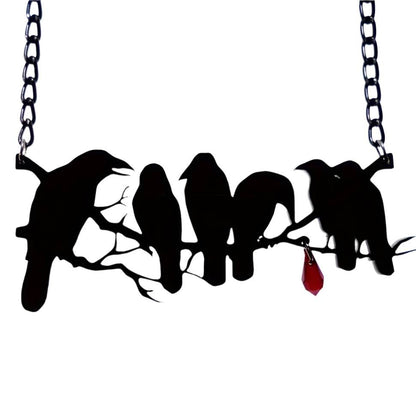 Gothic Black Raven's & Tree Branch Silhouette Pendant Necklace with Red Drop Gemstone - Le Joyau Store - Black,Copper,Gothic,Raven,Unisex - 