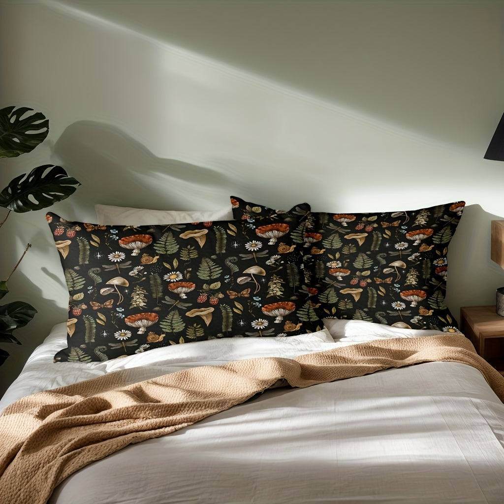 Dark Enchanted Forest Mythical Woodland Mushroom & Flowers Bedding & Quilt Cover Set - Le Joyau Store - Floral,Mushroom,Polyester,Soft - Twin (68.11''*90.16'')
