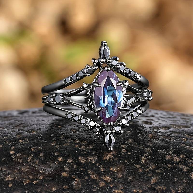 Luxury Marquis Shaped Zirconia Black Band Gothic Ring Set (4pcs) - Le Joyau Store - black,elegant,engagement,vintage,zirconia - 6