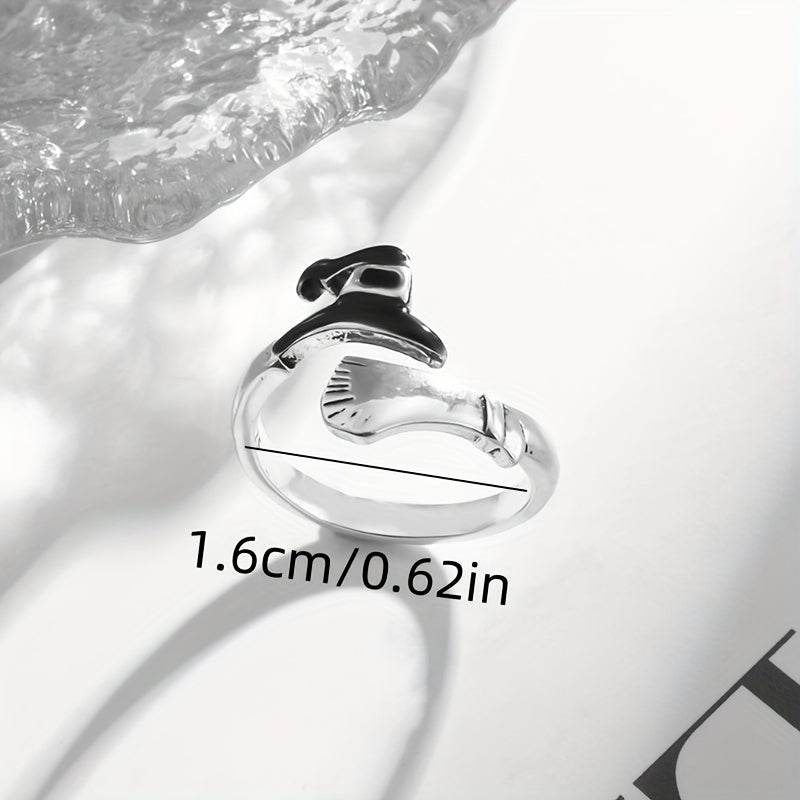 Magical Witches Hat & Broomstick Halloween Adjustable Silver Ring - Le Joyau Store - Alloy,BohoRing,Gift,Pumpkin,WitchHat - 
