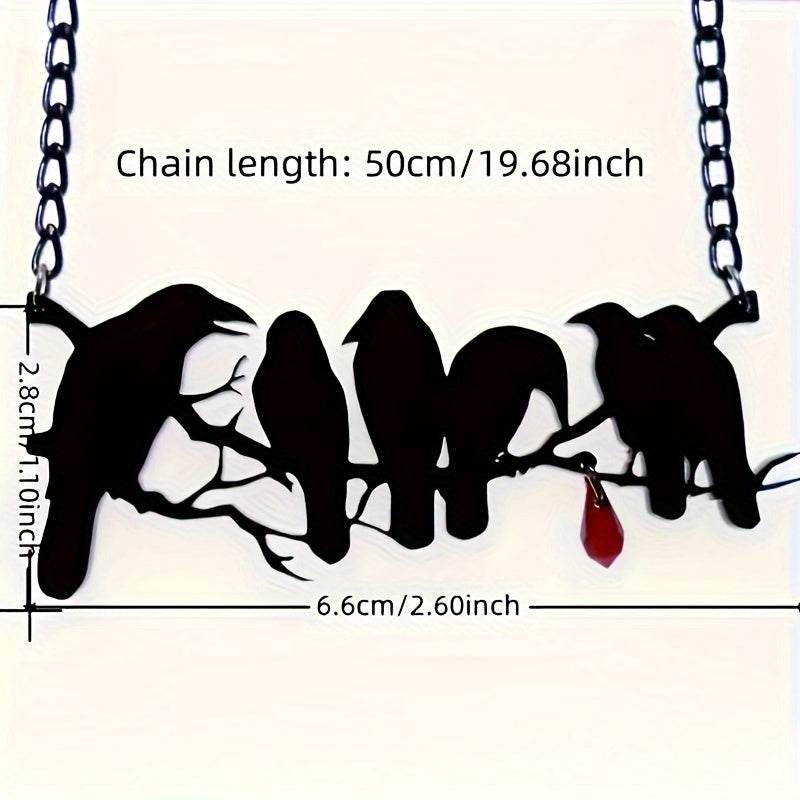 Gothic Black Raven's & Tree Branch Silhouette Pendant Necklace with Red Drop Gemstone - Le Joyau Store - Black,Copper,Gothic,Raven,Unisex - 