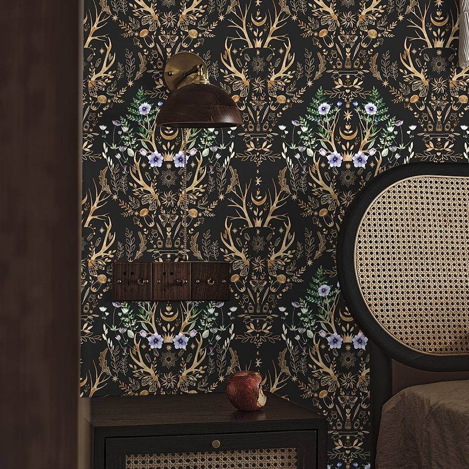 Gothic Mystical Forest Stag Antlers & Woodland Flowers Self Adhesive Wallpaper - Le Joyau Store - Black,Flowers,Removable,Retro,Vinyl - 17.7x118 inches