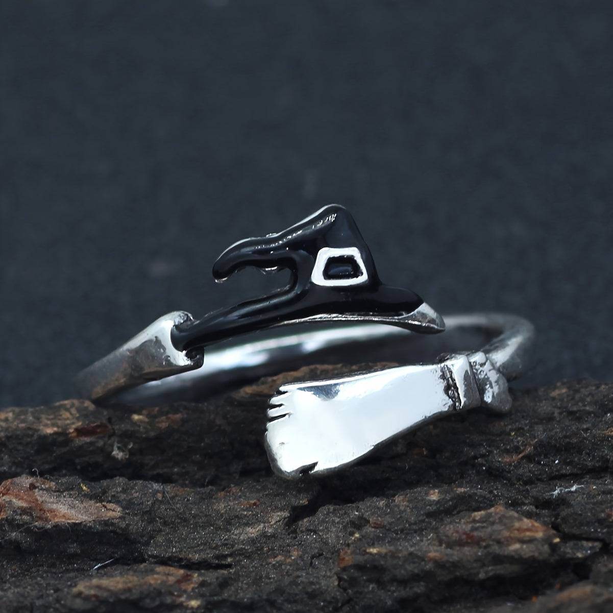Magical Witches Hat & Broomstick Halloween Adjustable Silver Ring - Le Joyau Store - Alloy,BohoRing,Gift,Pumpkin,WitchHat - 