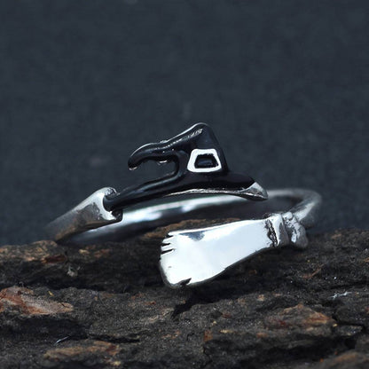 Magical Witches Hat & Broomstick Halloween Adjustable Silver Ring - Le Joyau Store - Alloy,BohoRing,Gift,Pumpkin,WitchHat - 